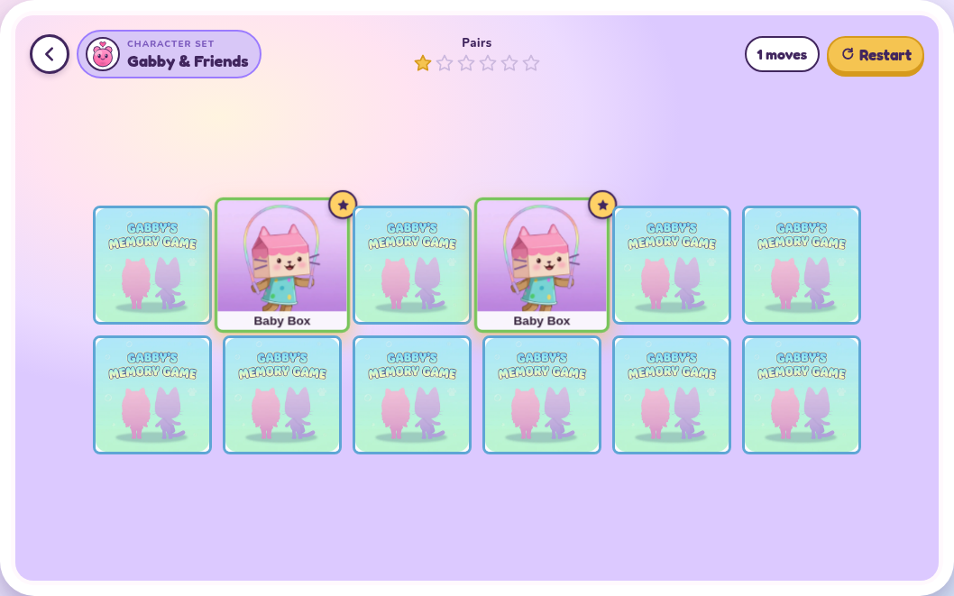 Memory Match mobile game board